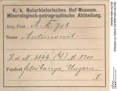 Etiketten zu Stibnit (NHMW-MIN-Ak708)